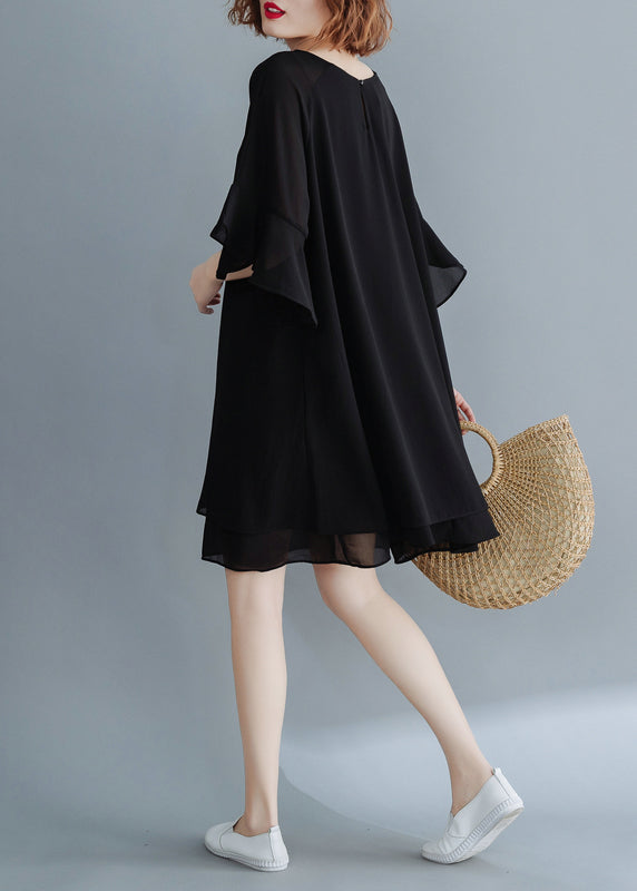Black O-neck Chiffon Holiday Dresses Flare Sleeve