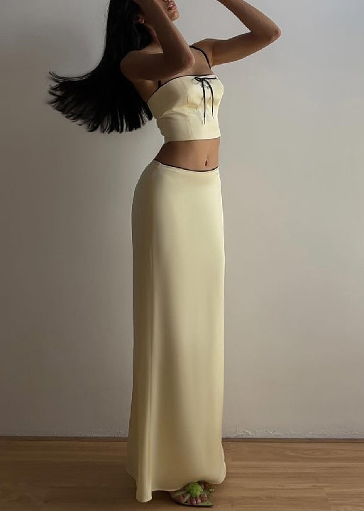 Yellow Bow Spaghetti Strap Tank and Skirts Silk Two Pieces Set Sleeveless