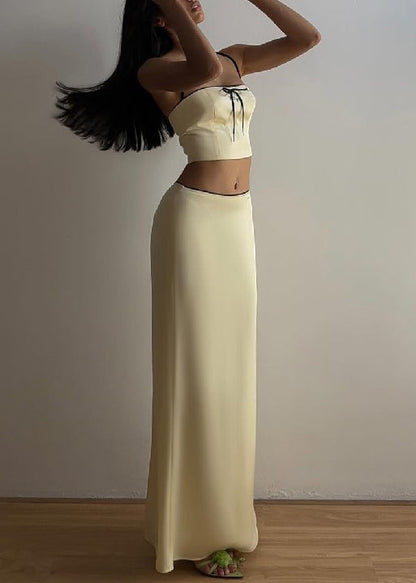 Yellow Bow Spaghetti Strap Tank and Skirts Silk Two Pieces Set Sleeveless