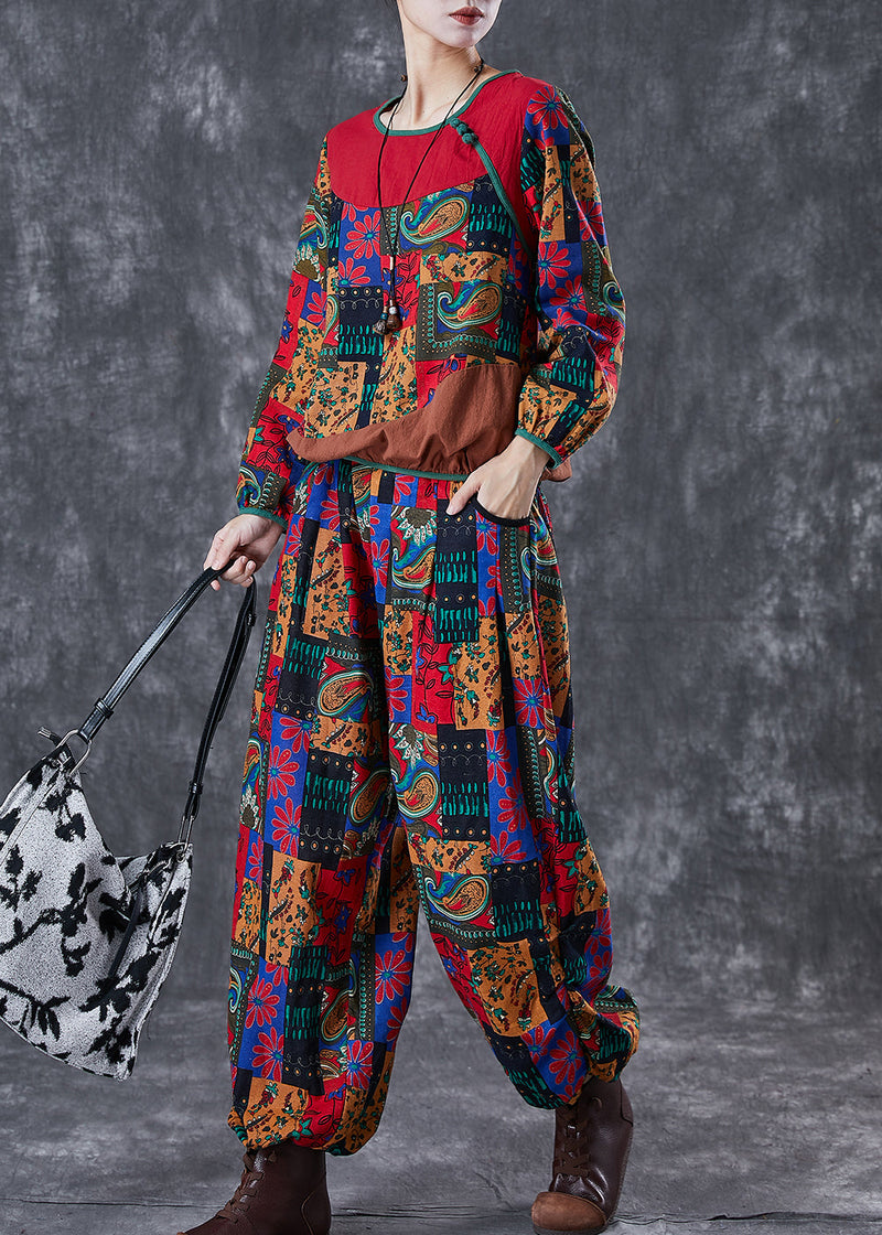 Red Print Patchwork Cotton Two-piece Set Fall