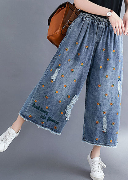 Blue Daisy Embroideried Pockets Cotton Denim Straight Pants Summer