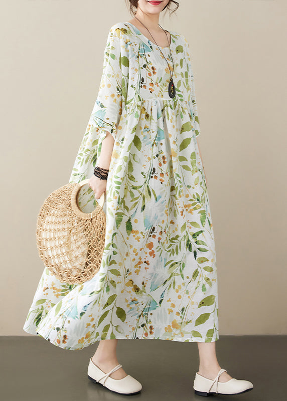 Organic Light Green O-neck Print Wrinkled Maxi Dress Half Sleeve