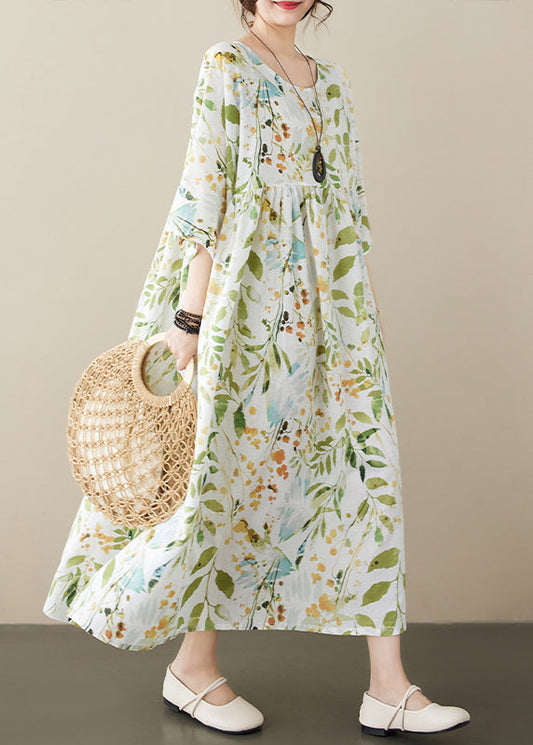 Organic Light Green O-neck Print Wrinkled Maxi Dress Half Sleeve
