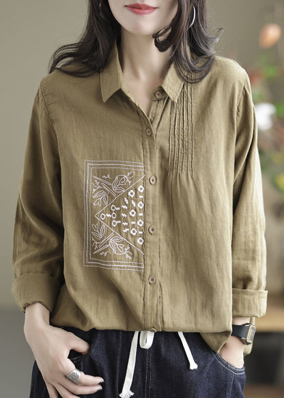 Khaki Lapel Embroideried Wrinkled Linen Shirt Tops Spring