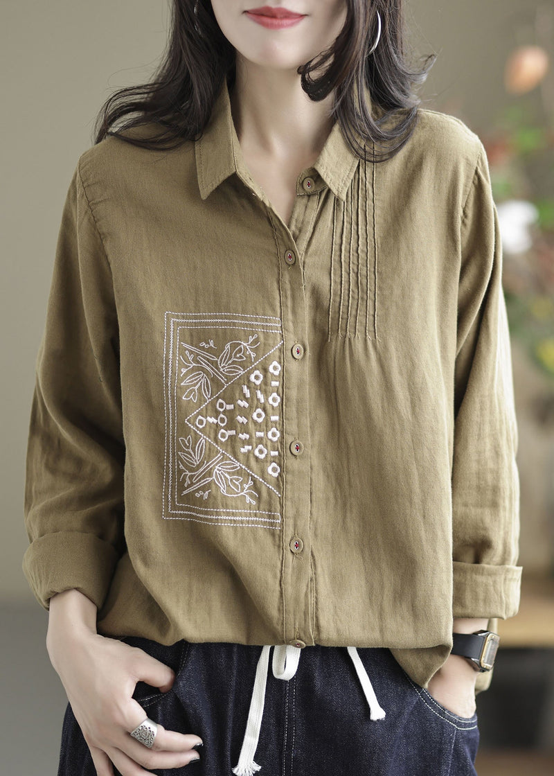 Khaki Lapel Embroideried Wrinkled Linen Shirt Tops Spring