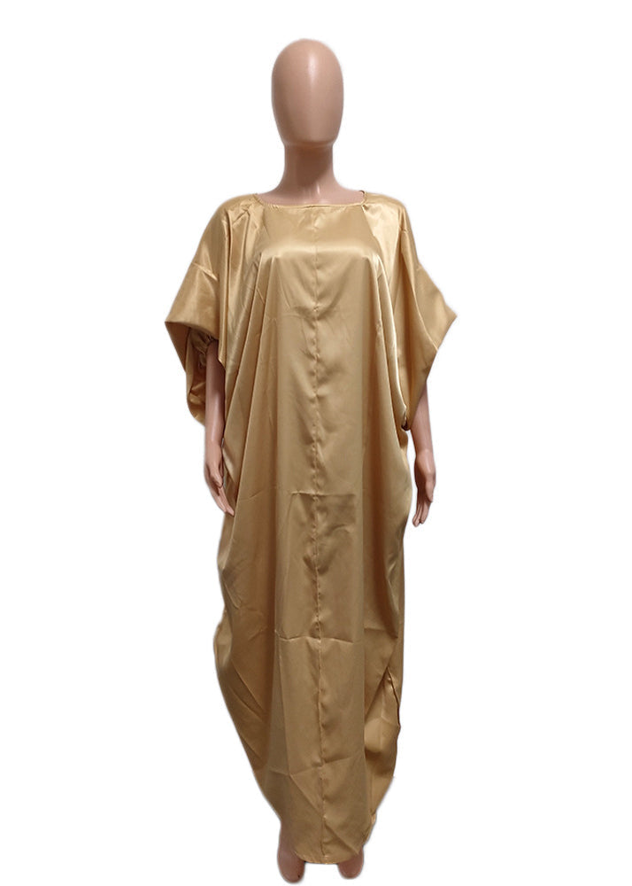 Gold Puff Sleeve Front Open Silk Long Dress