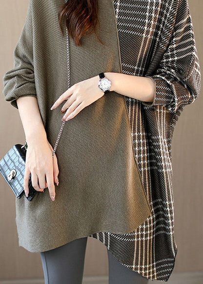 Brown Turtleneck Patchwork Plaid Fall Sweater