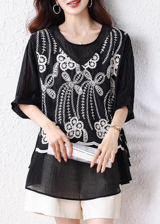 Loose Black False Two Pieces Lace Up Cotton T Shirts Half Sleeve
