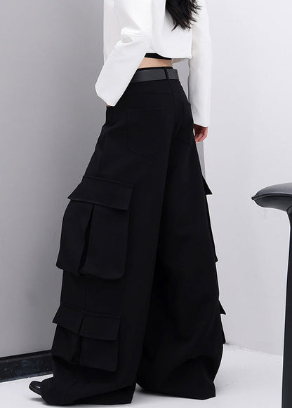 Black Pockets Cotton Wide Leg Pants Fall