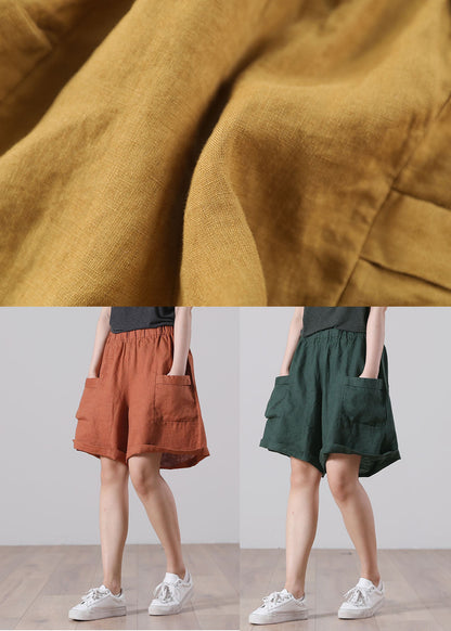 Yellow Elastic Waist Wrinkled Linen Beach Shorts Summer