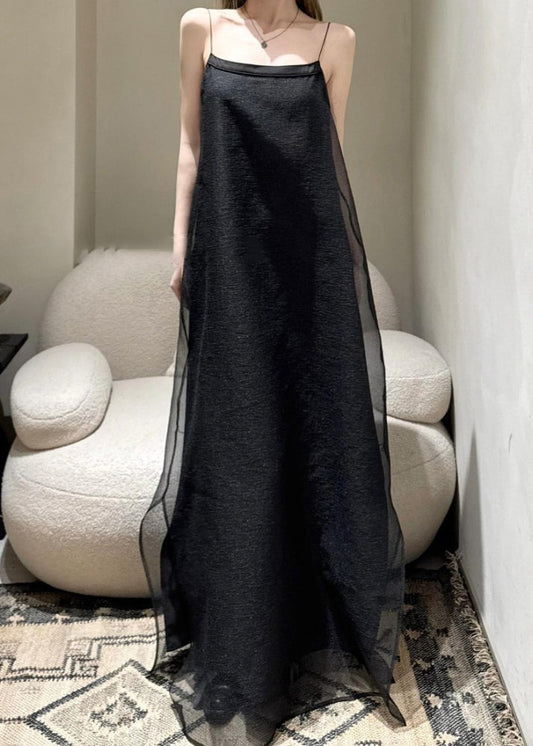 Simple Black Cold Shoulder Tulle Spaghetti Strap Dress Sleeveless