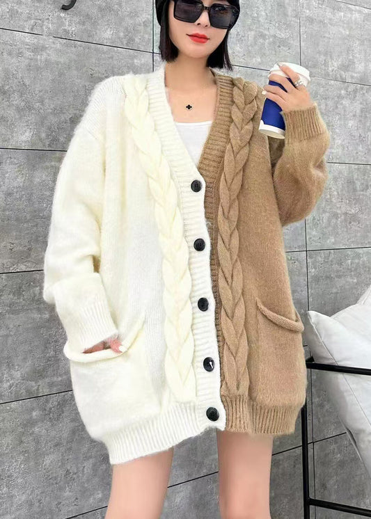 Beige V Neck Pockets Button Patchwork Knit Cardigan Spring