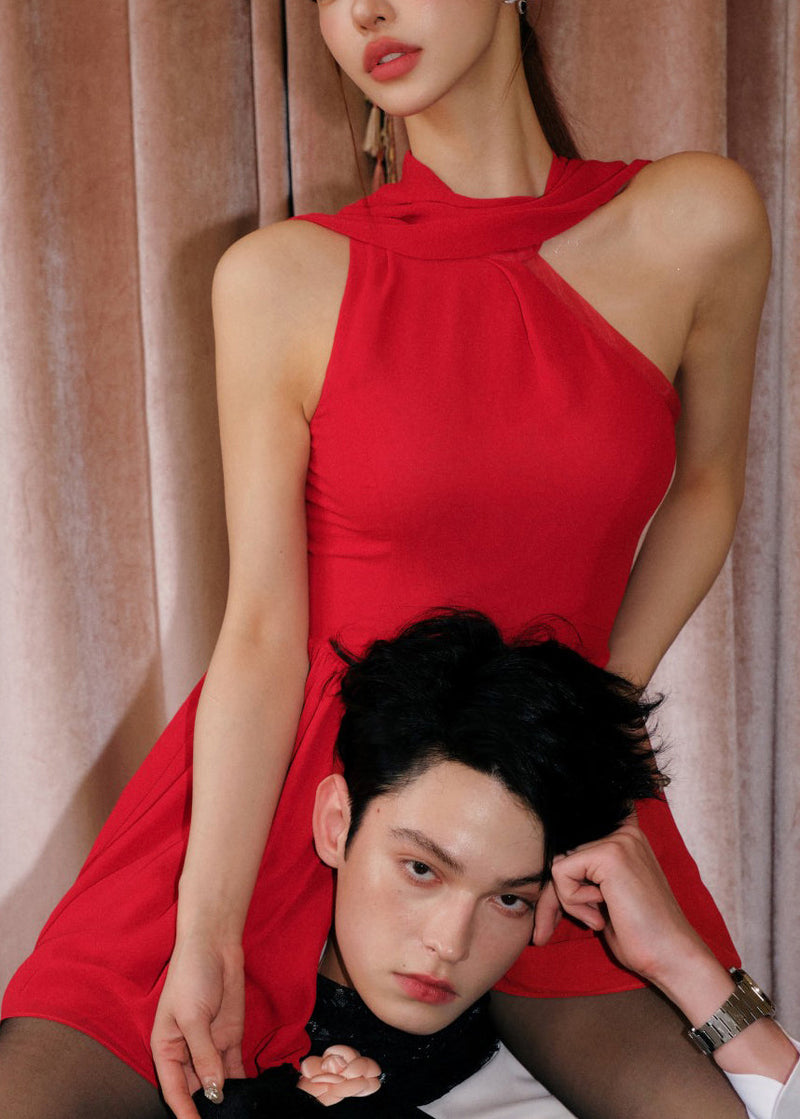 Original Design Red Cold Shoulder Wrinkled Chiffon Dress Sleeveless