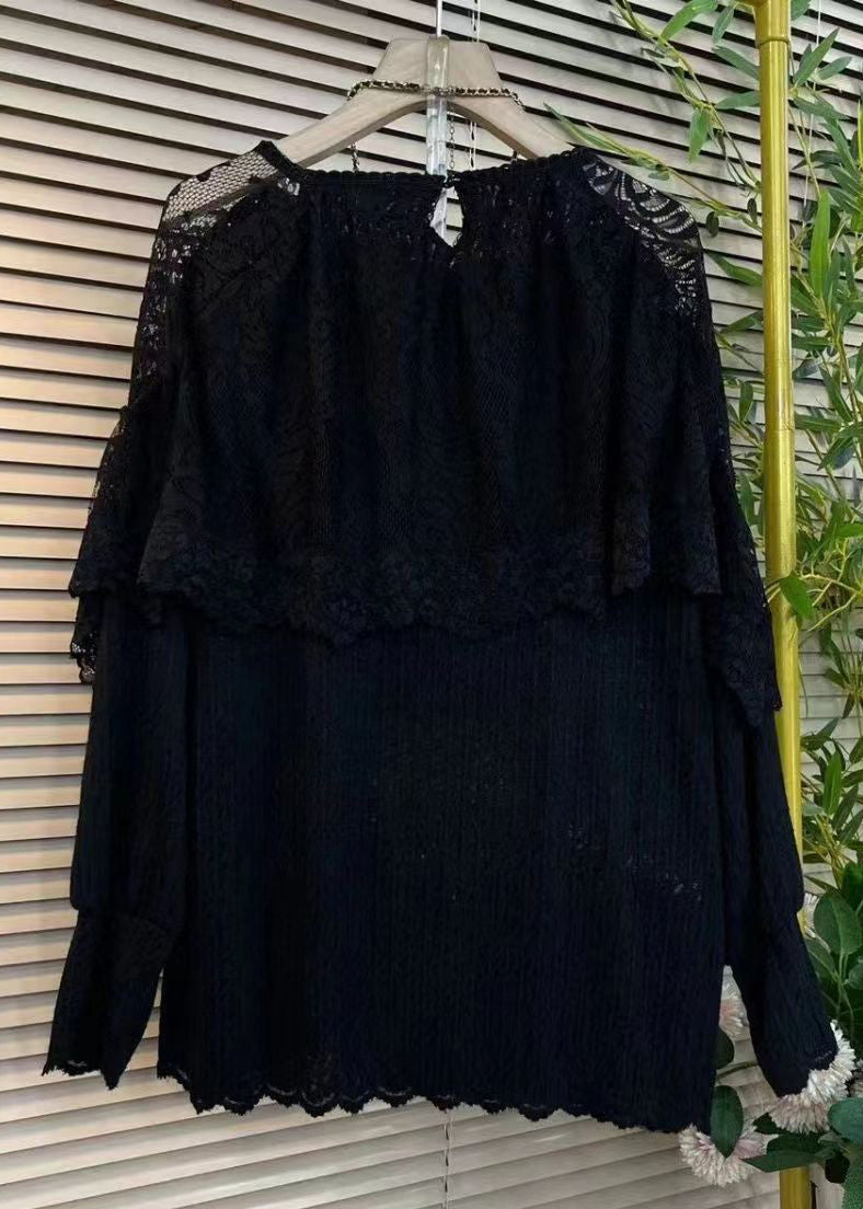 White O Neck Ruffled Zircon Lace Top Fall