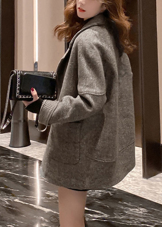 Khaki Notched Pockets Woolen Coat Winter