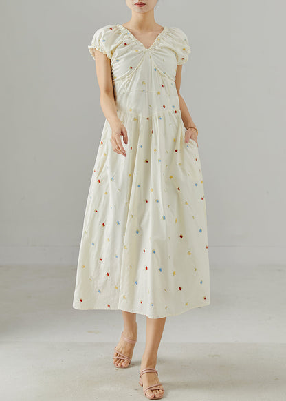 White Embroidered Wrinkled Cotton Maxi Dress Summer