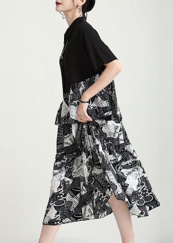 Natural Black Print Patchwork Summer Button Maxi Dresses