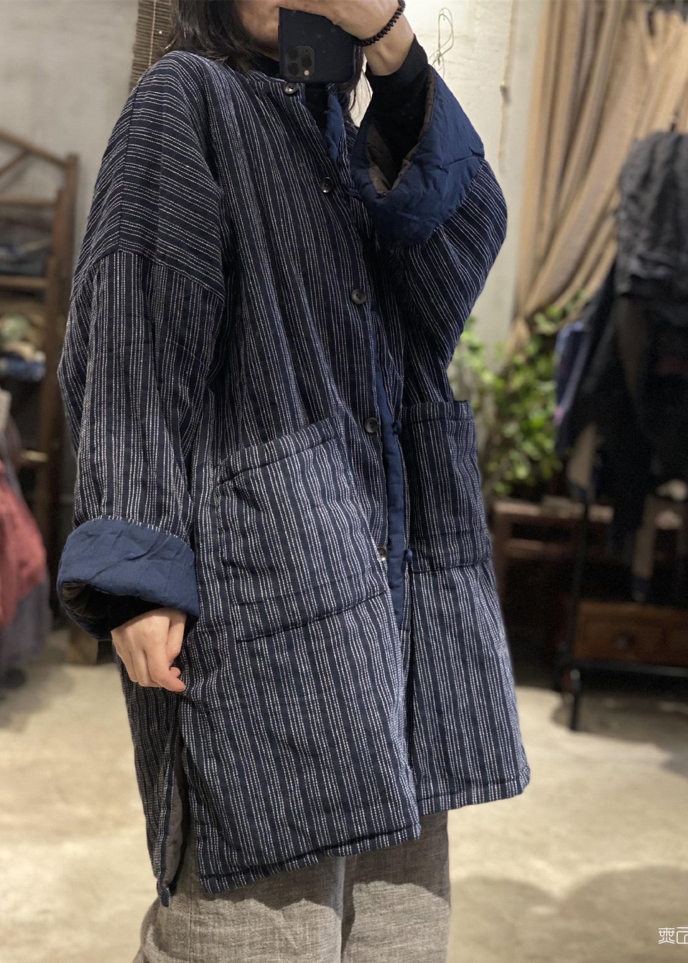 Blue Stand Collar Pockets Striped Fine Cotton Filled Coat Winter