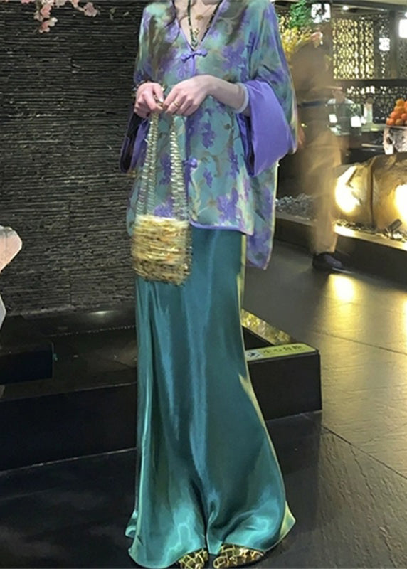 Chinese Style Peacock Blue V Neck Print Silk Shirts and Wide Skirt Two Pieces Set Spring