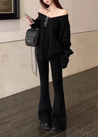 Black Sweaters and Flared Trousers Knit Two Pieces Set V Neck Spring