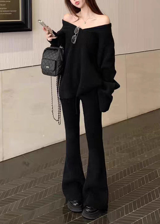 Black Sweaters and Flared Trousers Knit Two Pieces Set V Neck Spring