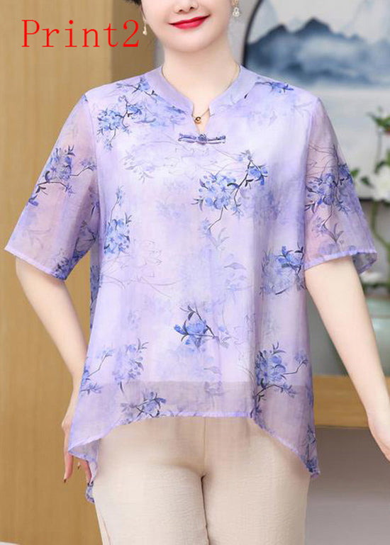 Print Oriental Button Chiffon Top Summer