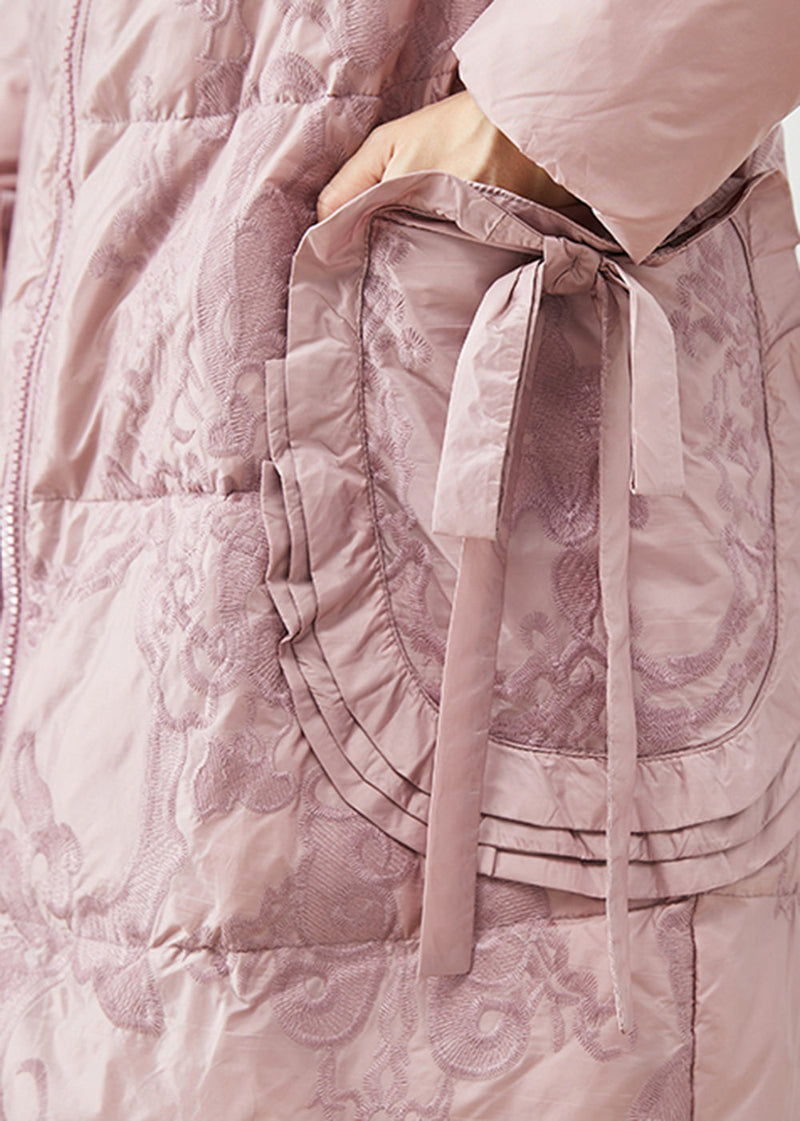 Art Pink Embroideried Bow Thick Duck Down Puffers Jackets Winter