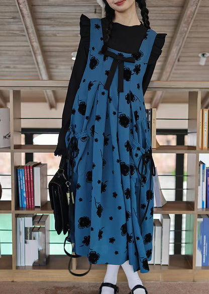 U Neck Bow Print Patchwork Top and Long Dress Two Pieces Set Long Sleeve