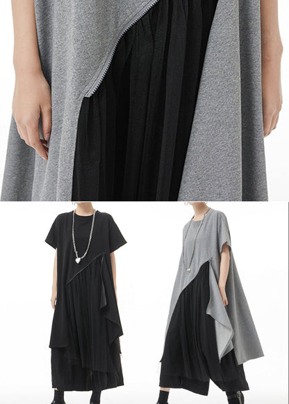 Black O-neck Asymmetrical Maxi Dress Short Sleeve