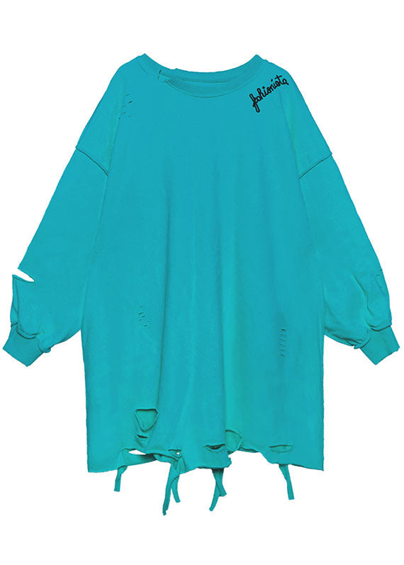 Simple Blue O-neck Loose Hole Fall Sweatshirt Street Wear