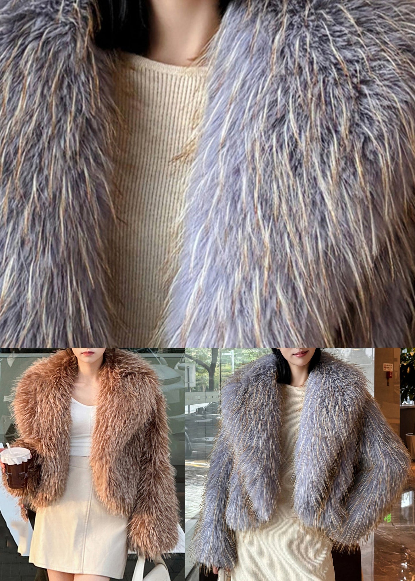 Khaki Raccoon Hair Collar Leather and Fur Coat Winter