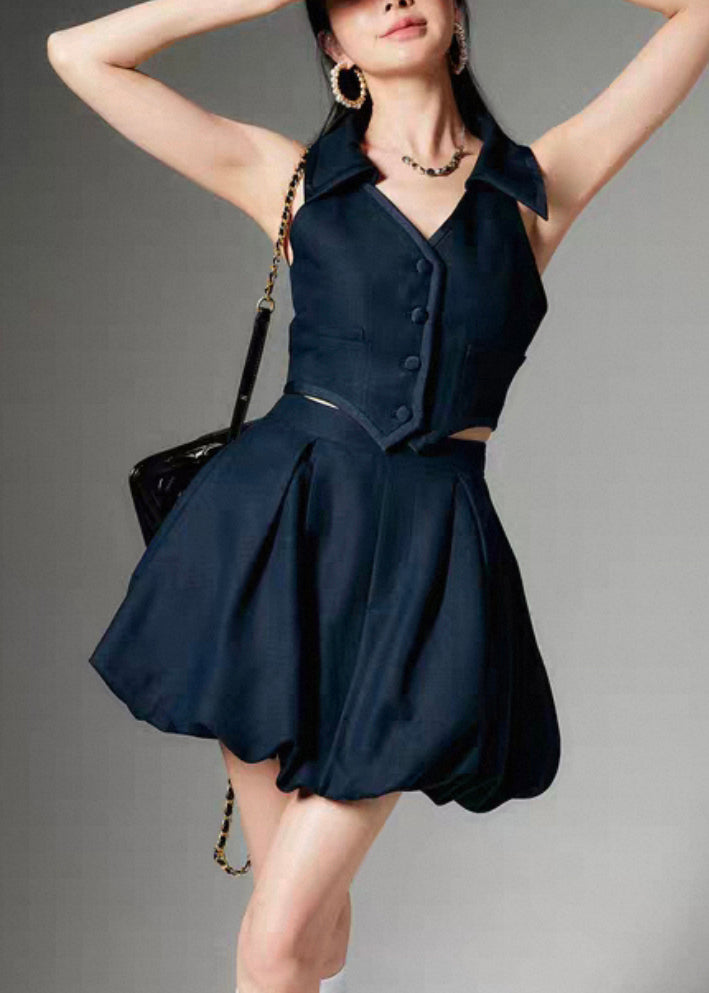 French Navy Peter Pan Collar Button Tops and Skirts Linen Two Pieces Set Sleeveless