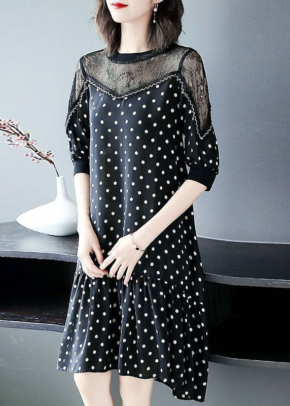 Black Hollow Out Lace Patchwork Dot Chiffon Dresses Summer