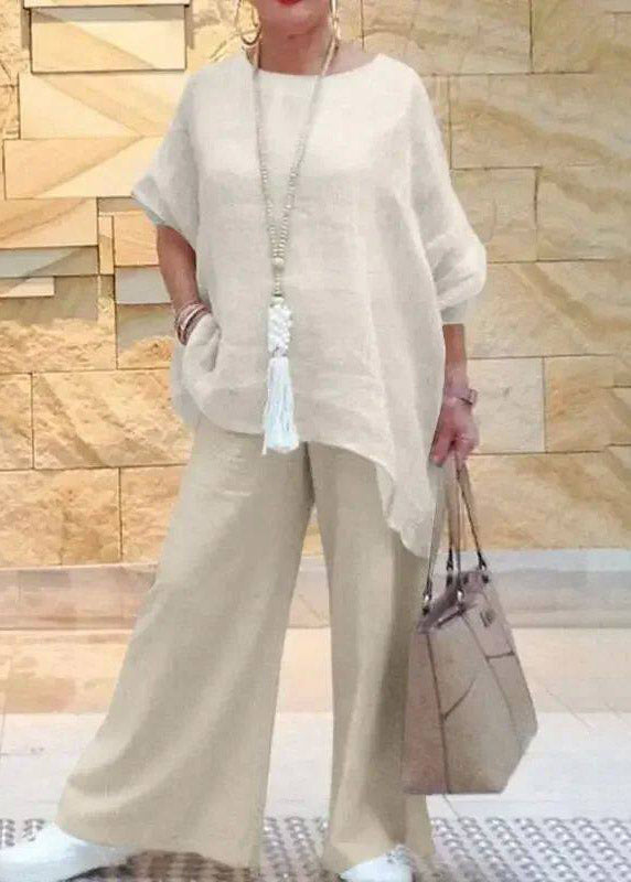 Blue O-neck Asymmetrical T Shirts and Wide Leg Pants Two Pieces Set Short Sleeve