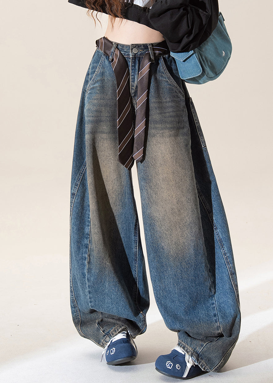 Dark Blue High Waist Pockets Wide Leg Jeans Spring