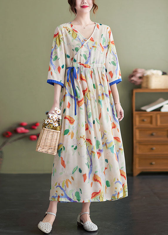 Apricot V Neck Tie Waist Print Pockets Cotton Cinch Dress Bracelet Sleeve