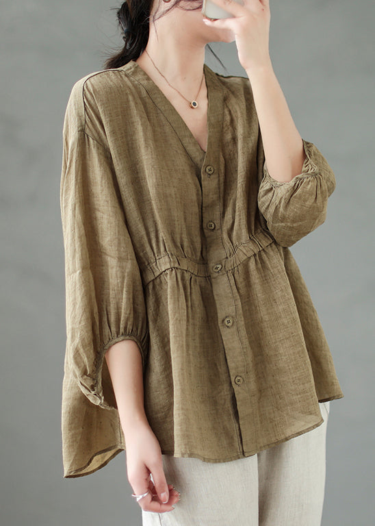 Loose Coffee Button Linen Shirt Bracelet Sleeve