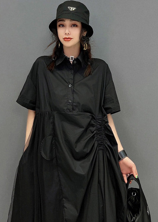 Black Peter Pan Collar Cinched Button Tulle Patchwork Maxi Dresses Short Sleeve