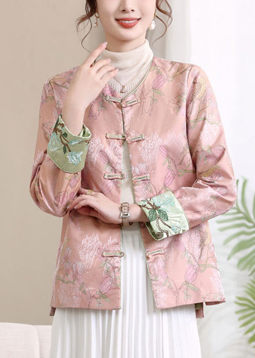Pink Button Print Silk Coats V Neck Long Sleeve Fall
