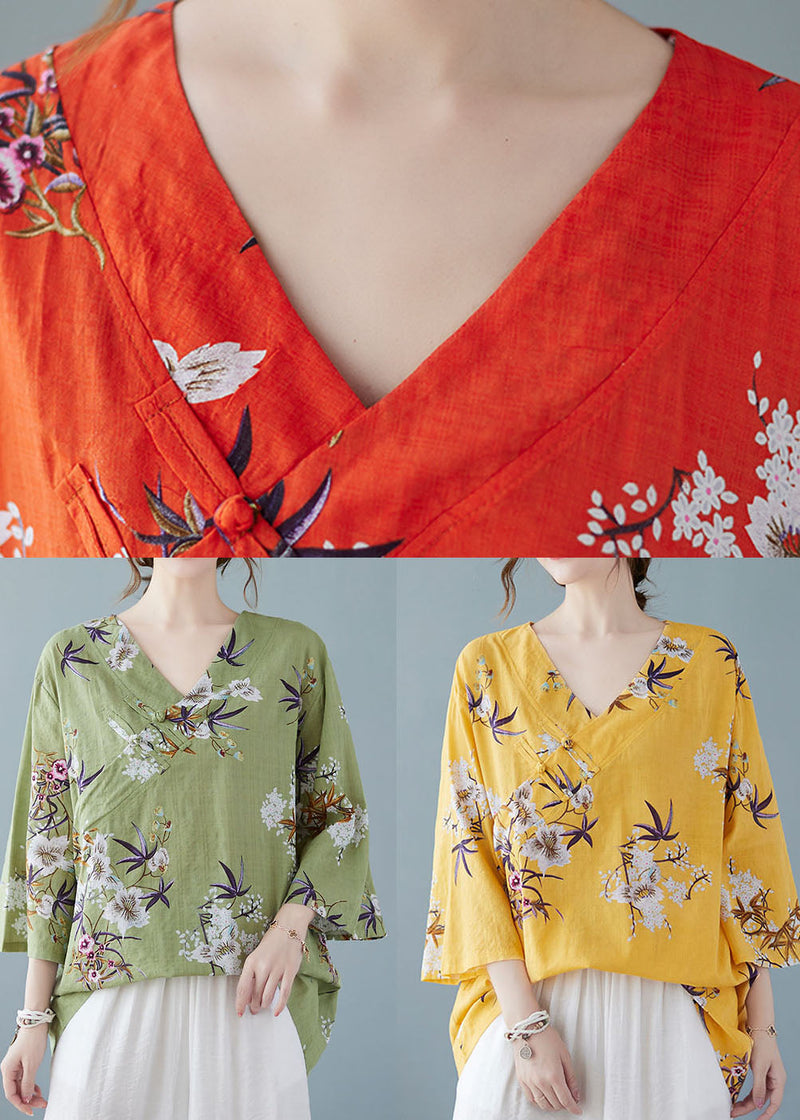 Green V Neck Print Cotton Shirt Tops Bracelet Sleeve
