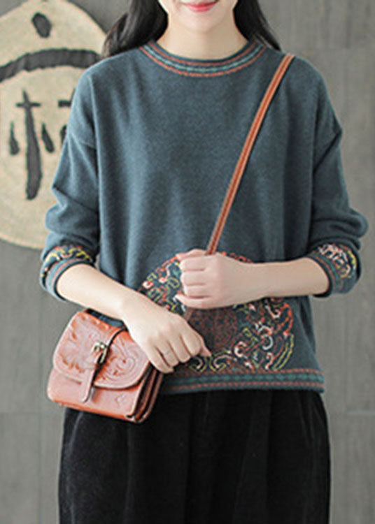 Blue Green O-neck Jacquard Fall Knit Sweater