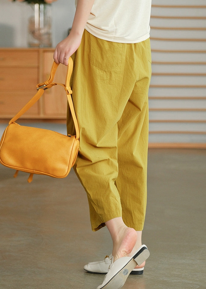 Yellow Elastic Waist Pockets Pants Spring