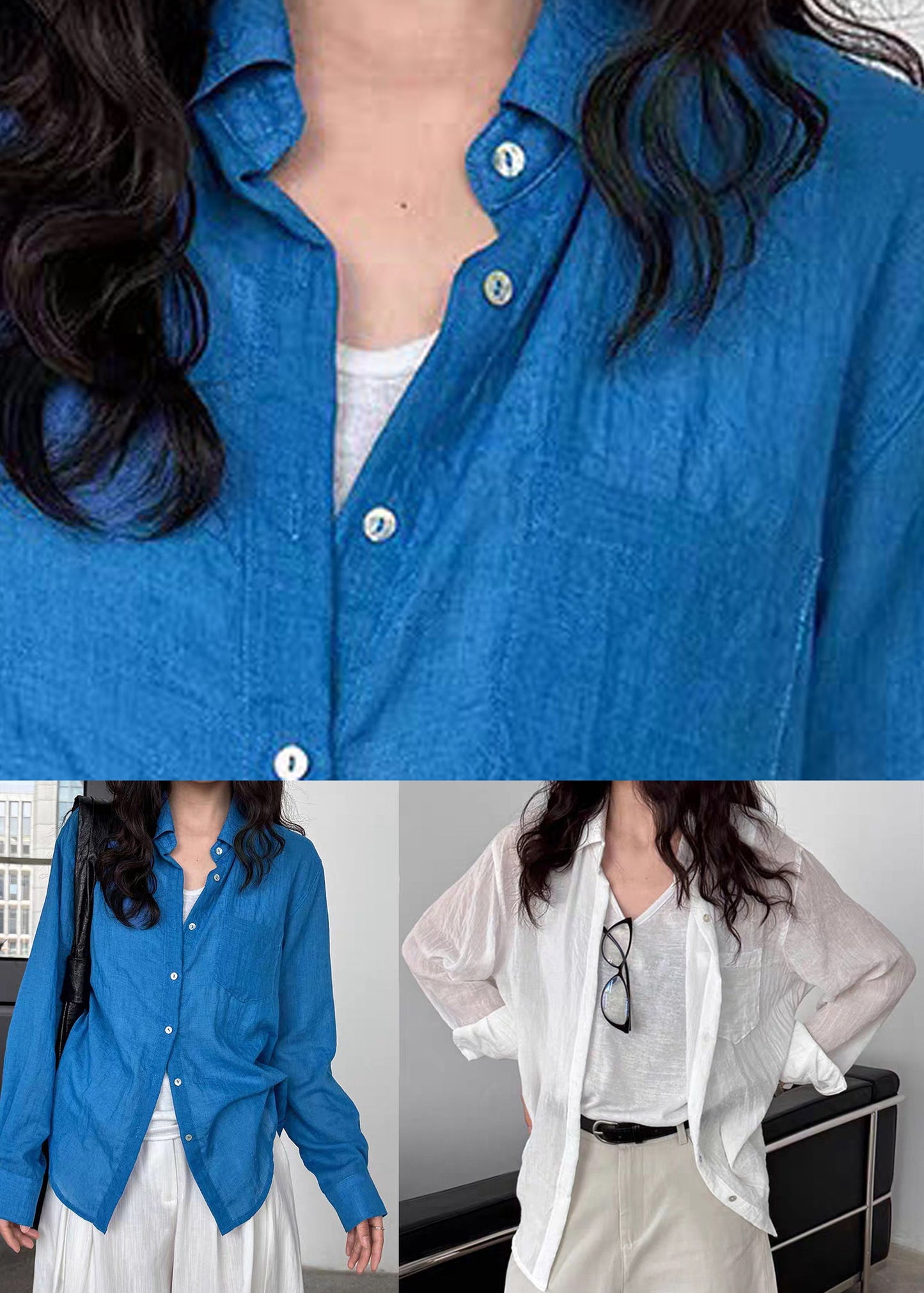 Boutique Blue Patchwork Button Shirt Spring