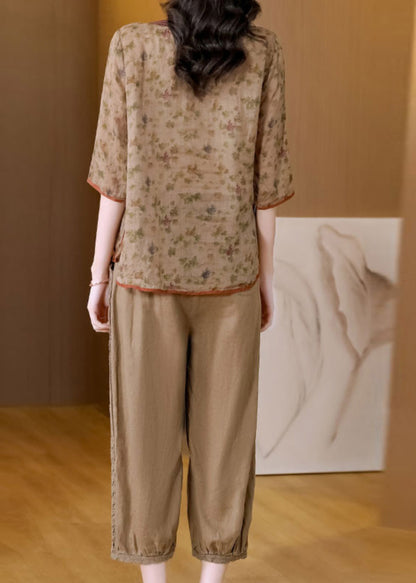 New Retro Khaki V Neck Tops and Pants Linen Two Pieces Set Summer