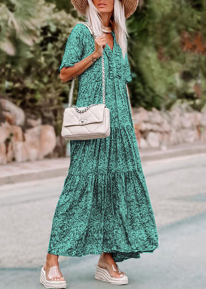 Green V Neck Print Long Dress Short Sleev