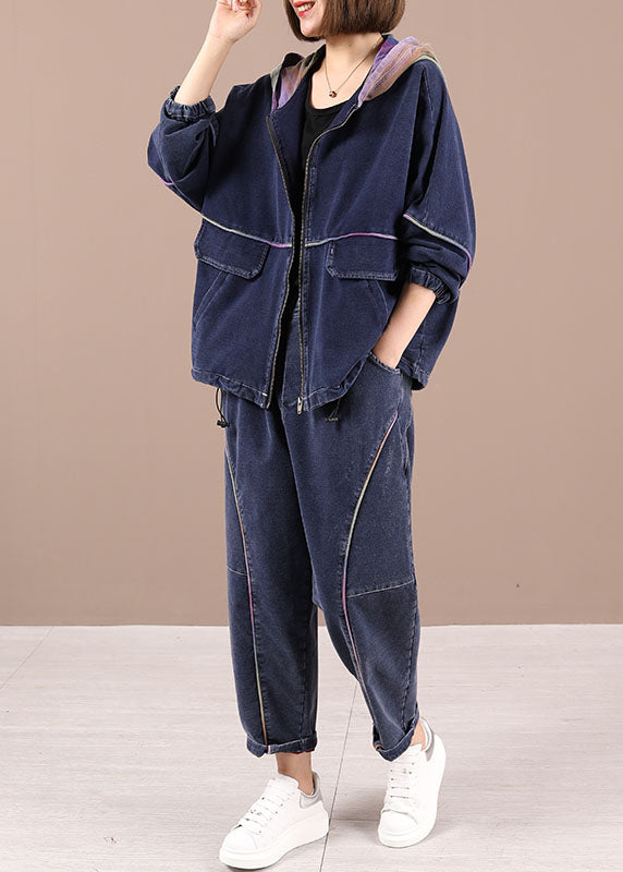Black Loose Hooded Zippered Fall Two Pieces Set Long Sleeve