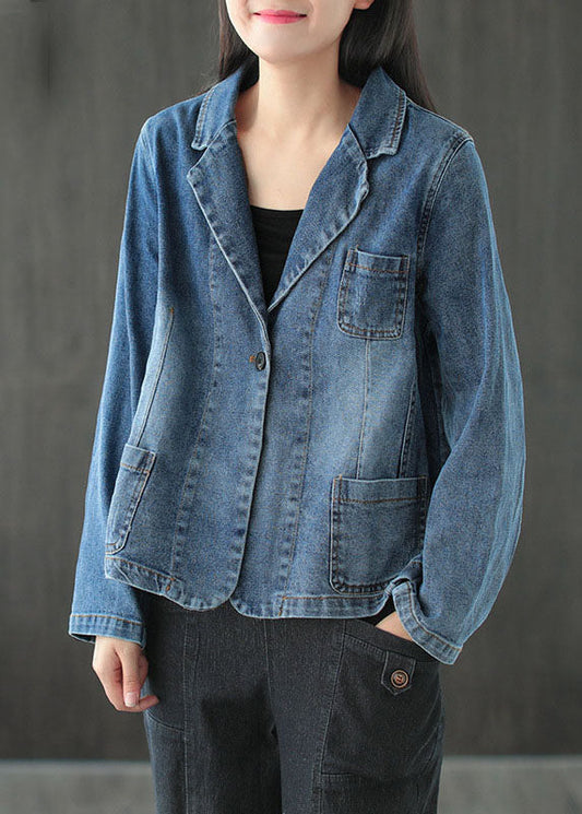 Blue Button Pockets V Neck Denim Coats Long Sleeve