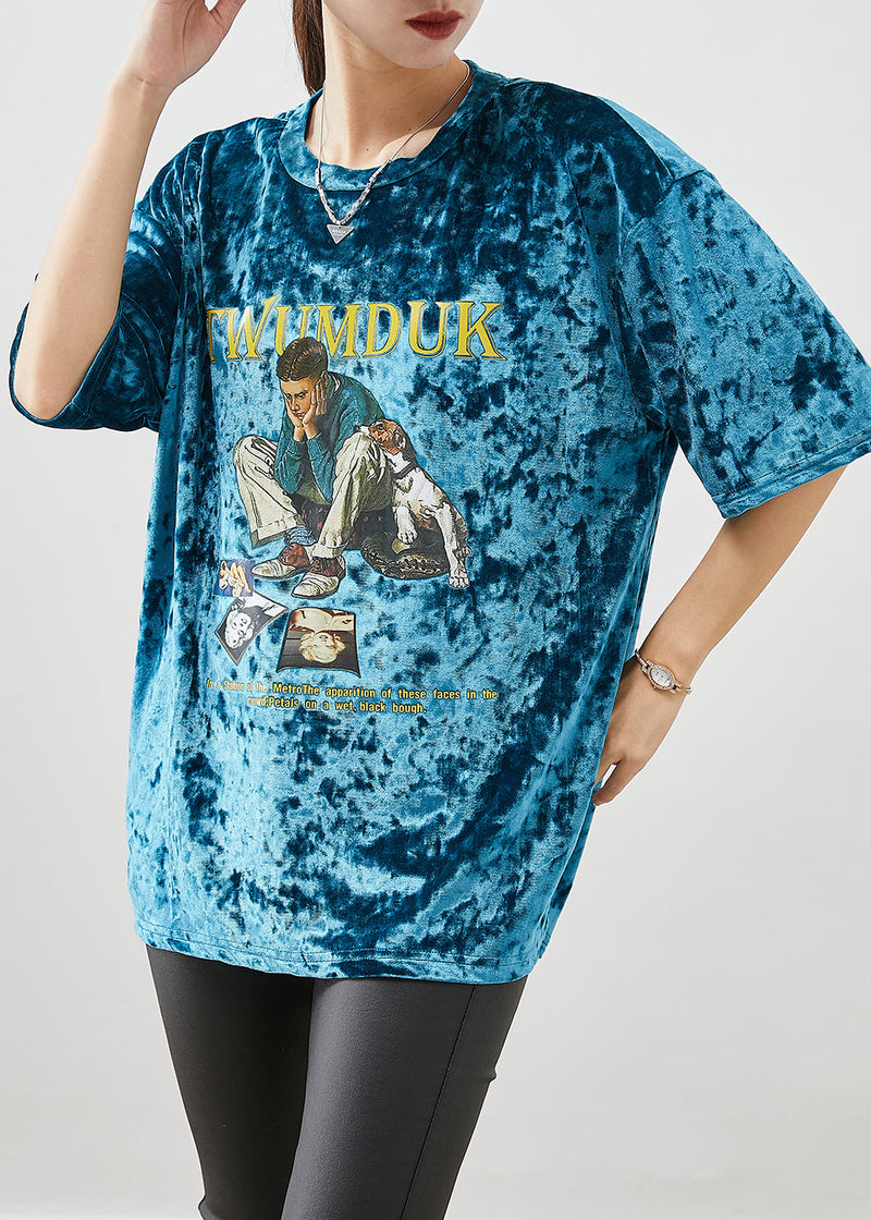 Green Print Silk Velour Pullover Oversized Short Sleeve