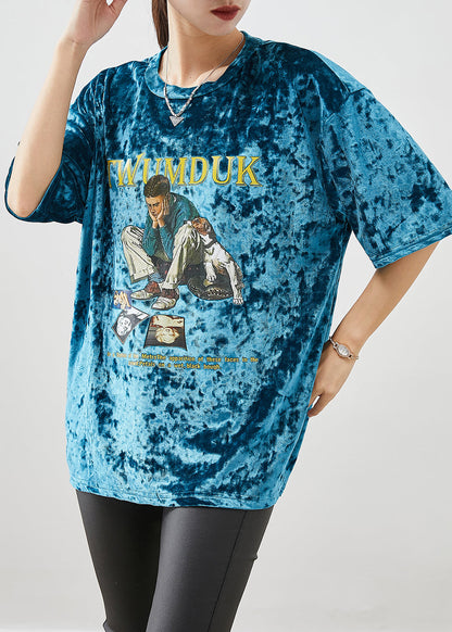Green Print Silk Velour Pullover Oversized Short Sleeve