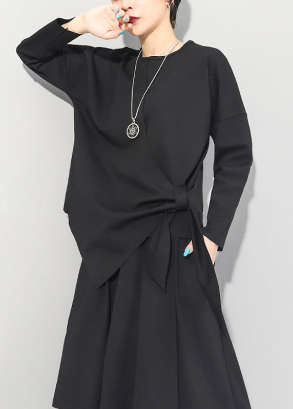 Black O-neck Asymmetrical Tie Waist Bow Top Long Sleeve